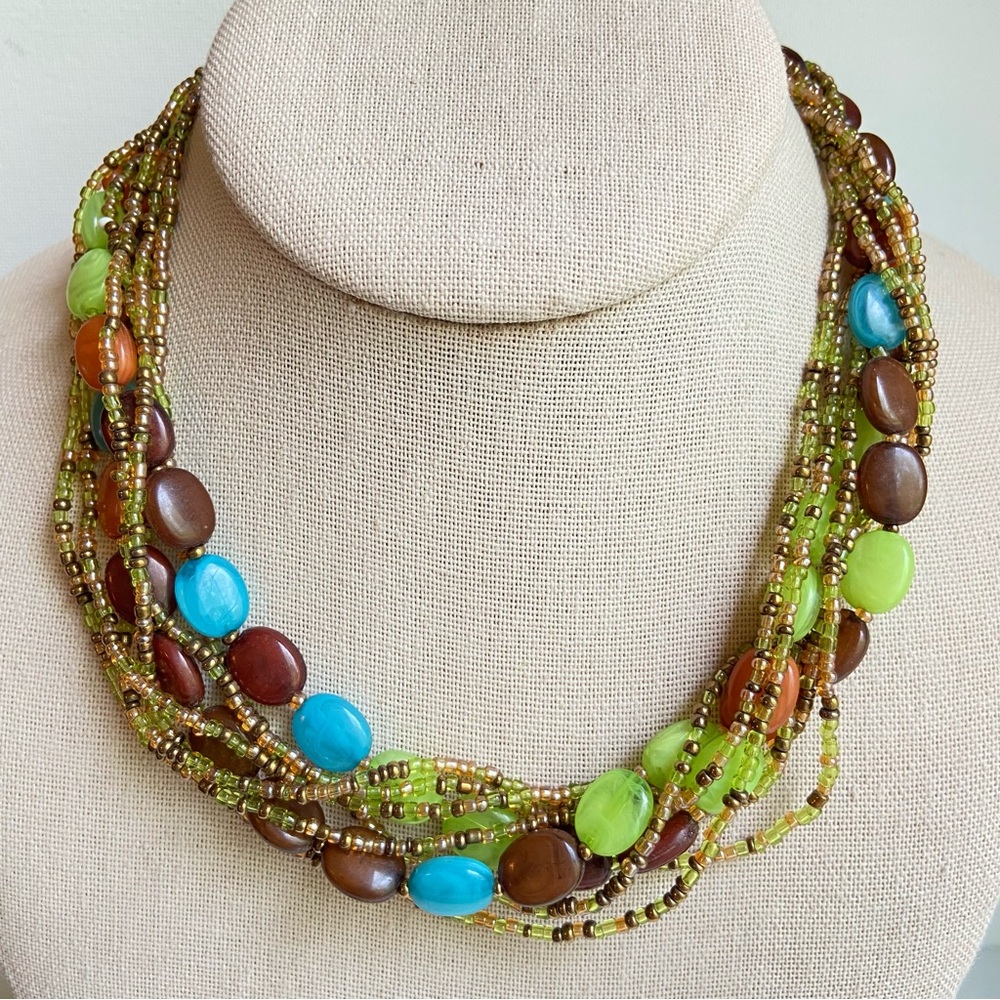 Earth tones torsade necklace glass seed beads and acrylic ovals multistrand
